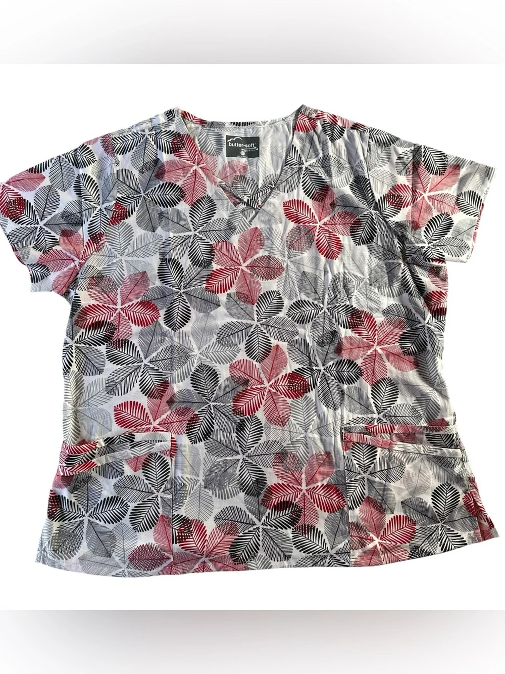 NWT Butter-Soft Stretch V-Neck Leaf Print Scrub Top — Pink & Gray XL - Picture 1 of 12